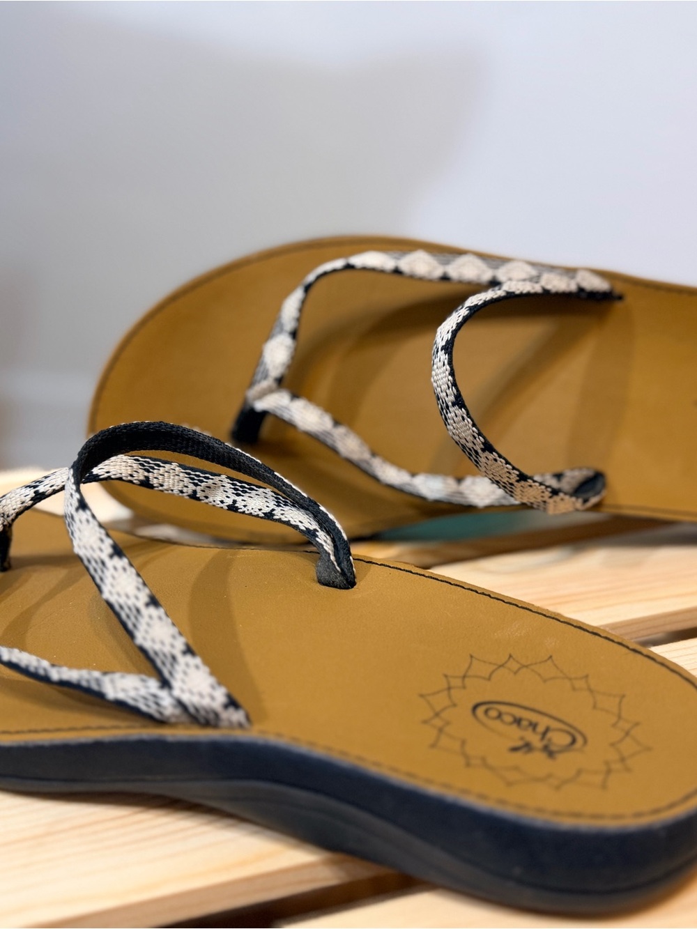 Chaco Women’s Tan Footbed Sandals with Black & White Straps